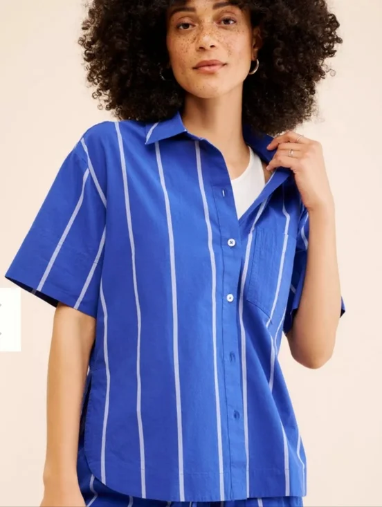 MADEWELL Blue Striped Boxy Cotton Button Up Collared Neckline Shirt Size Xl - Picture 4 of 16